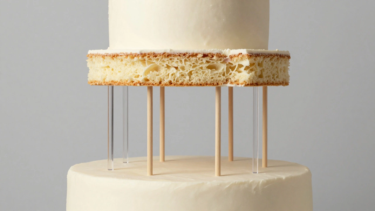 Cross-section of a tiered cake showing internal wooden dowels and supports