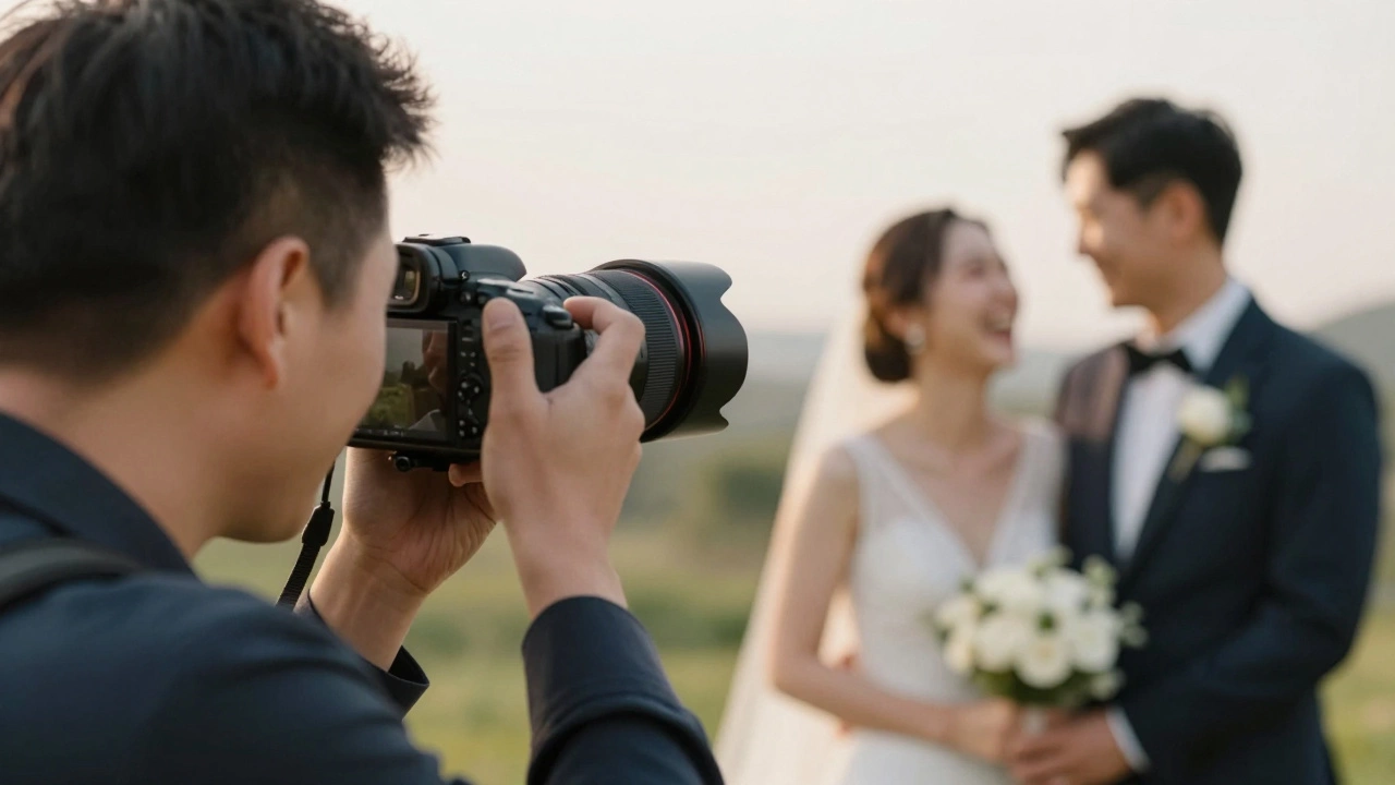 Professional photographer capturing a candid, joyful moment between a bride and groom