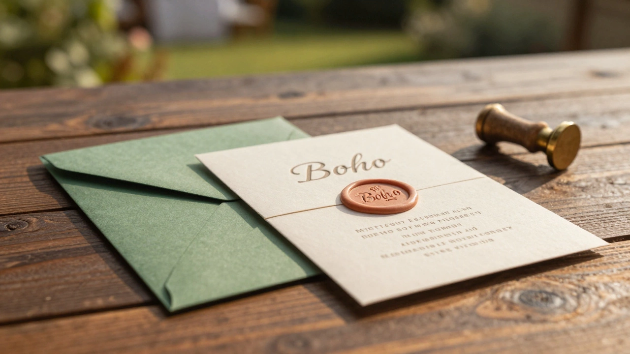 Sage green and cream boho wedding invitations with a clay wax seal on a wooden surface.