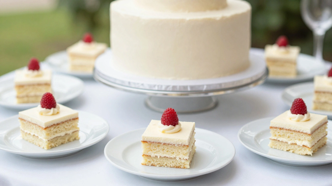 Slices of gourmet sheet cake on porcelain plates with a mock cake in the background