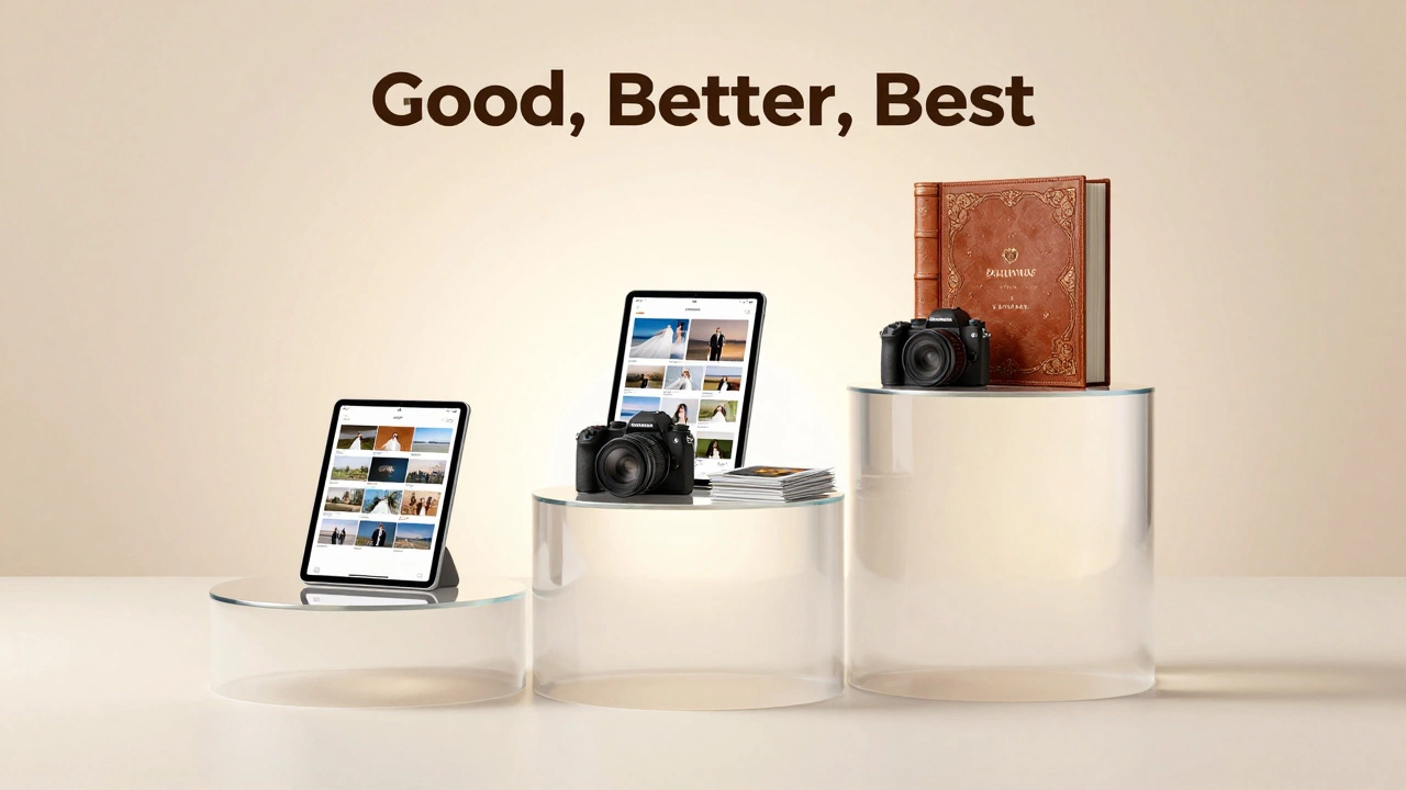 Three tiered displays showing different wedding photography package levels from basic to luxury.