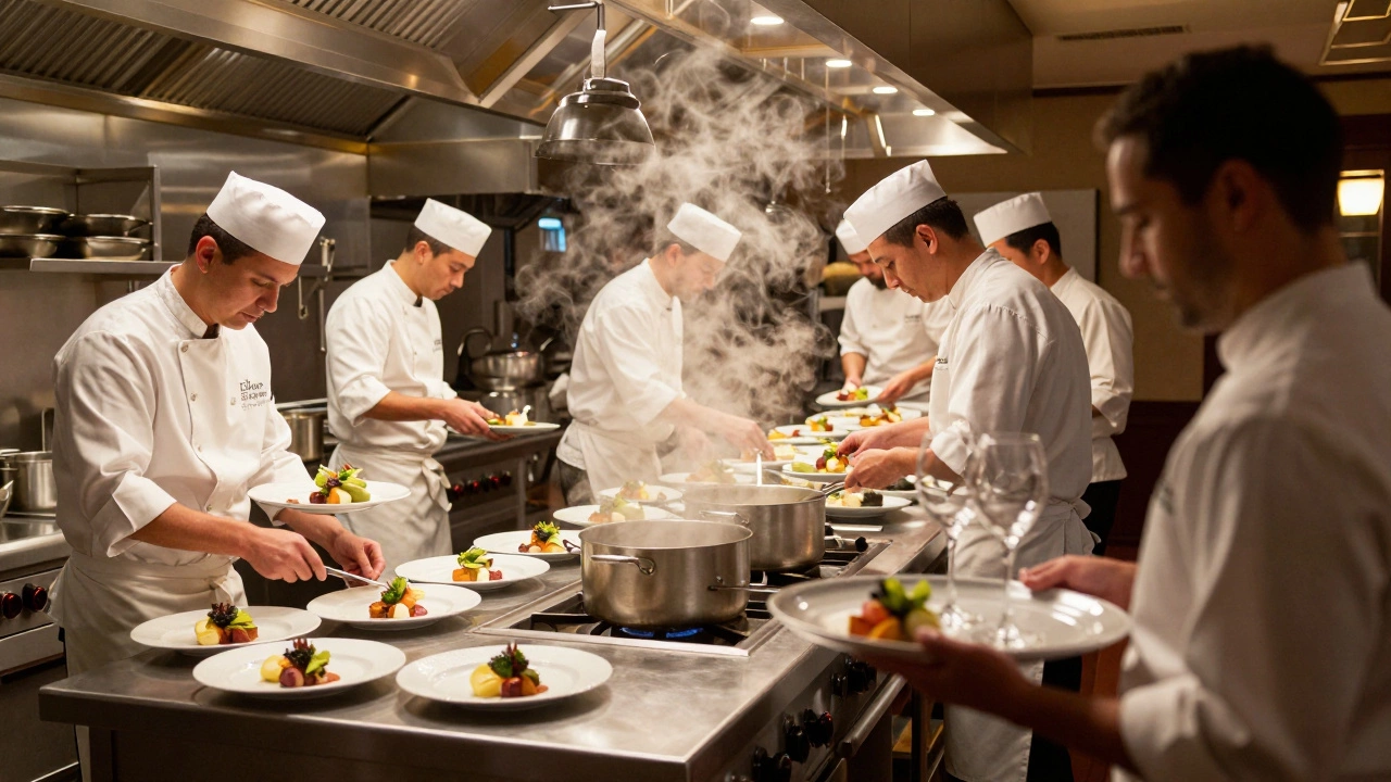 Busy professional kitchen staff preparing food for a large wedding event