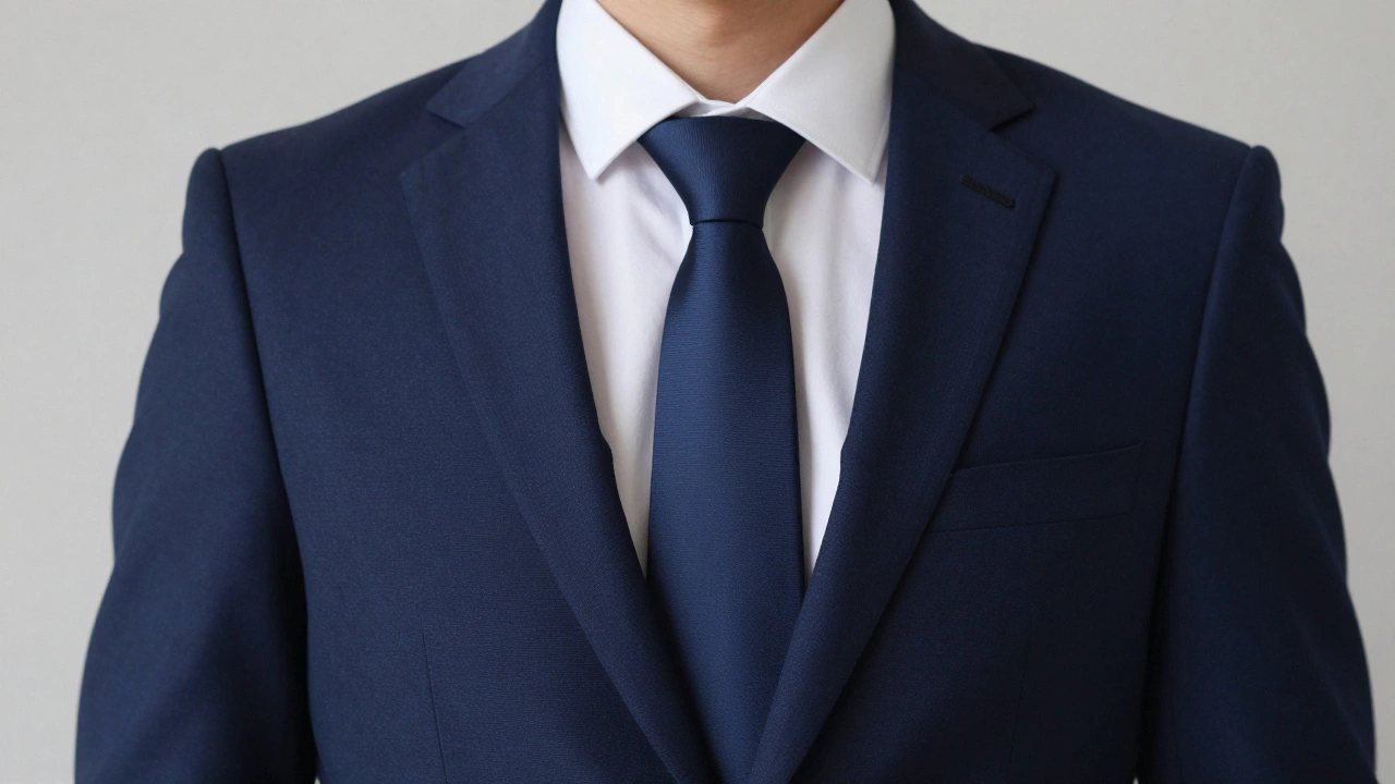 Close-up of groom's V-shaped neckline with slim tie and spread collar