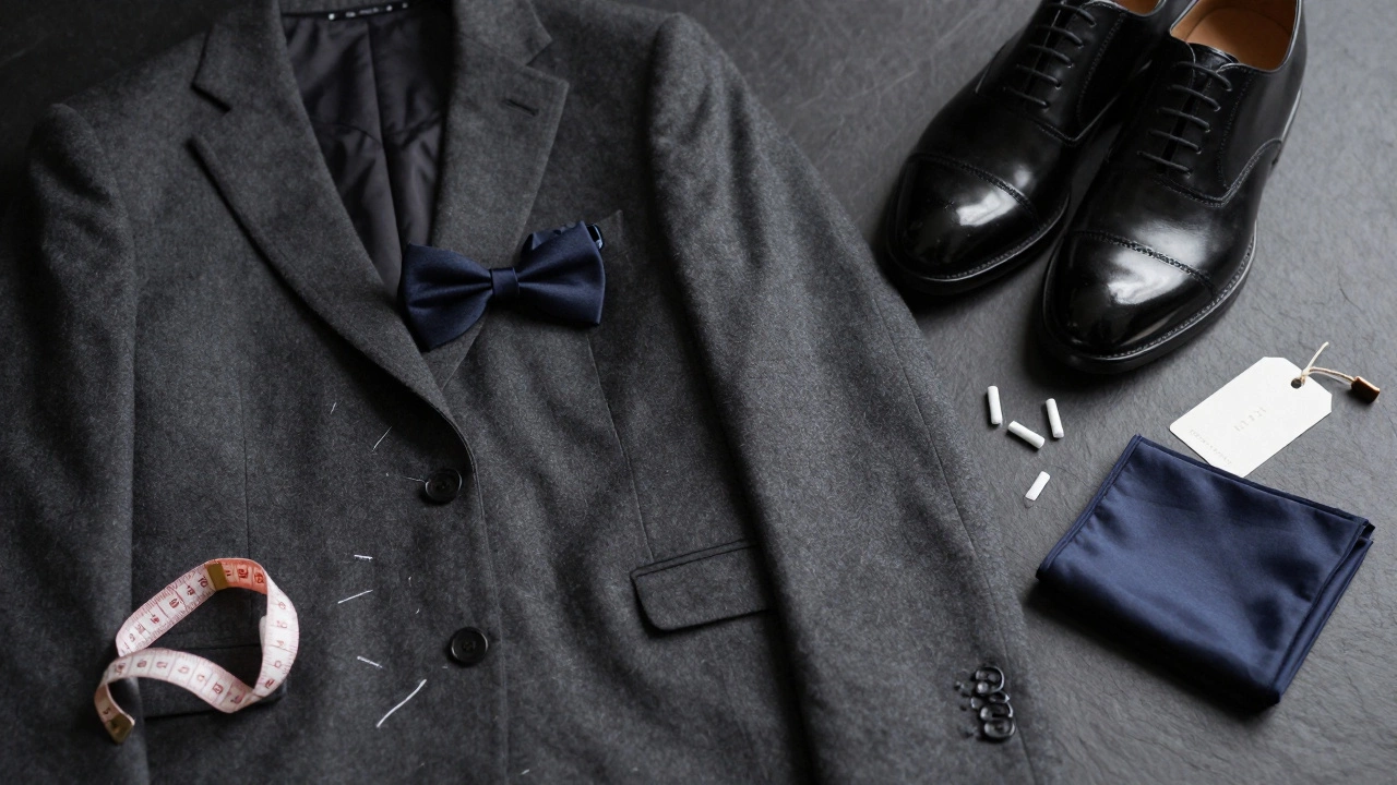 Close up of wedding suit, shoes, ties, and tailor tools showing hidden costs
