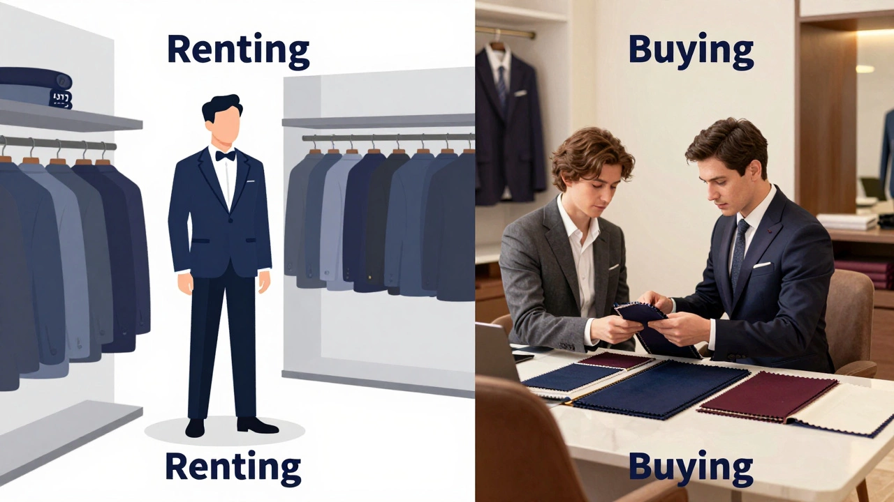Comparison scene of renting versus buying a wedding suit