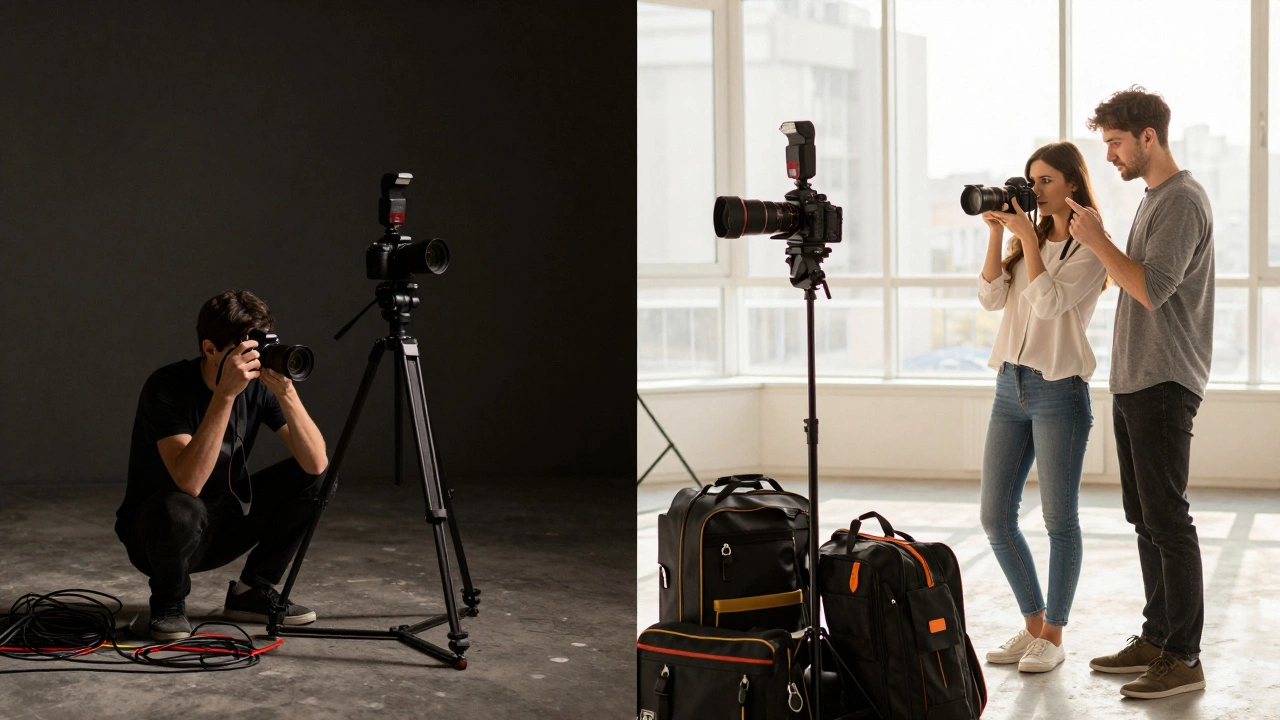 Contrast between a chaotic budget photographer setup and a pro setup.