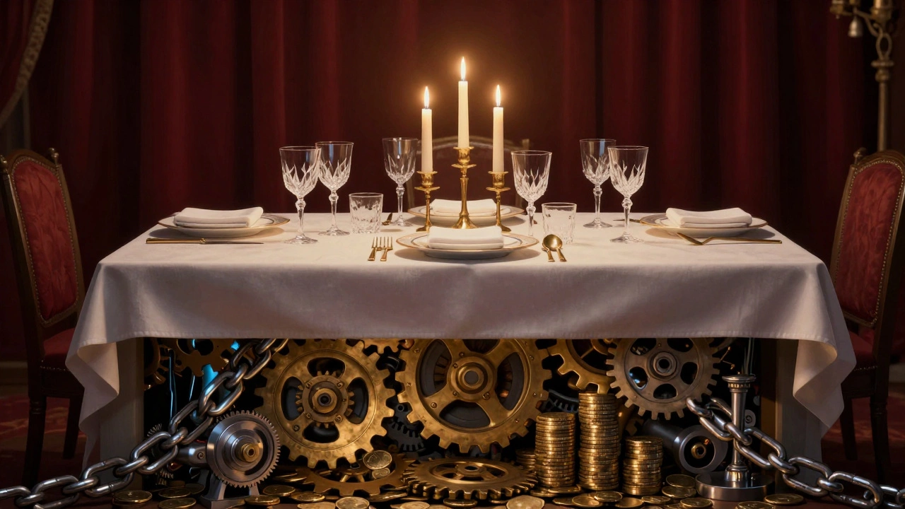 Elegant dining table with hidden gears and coins representing catering costs