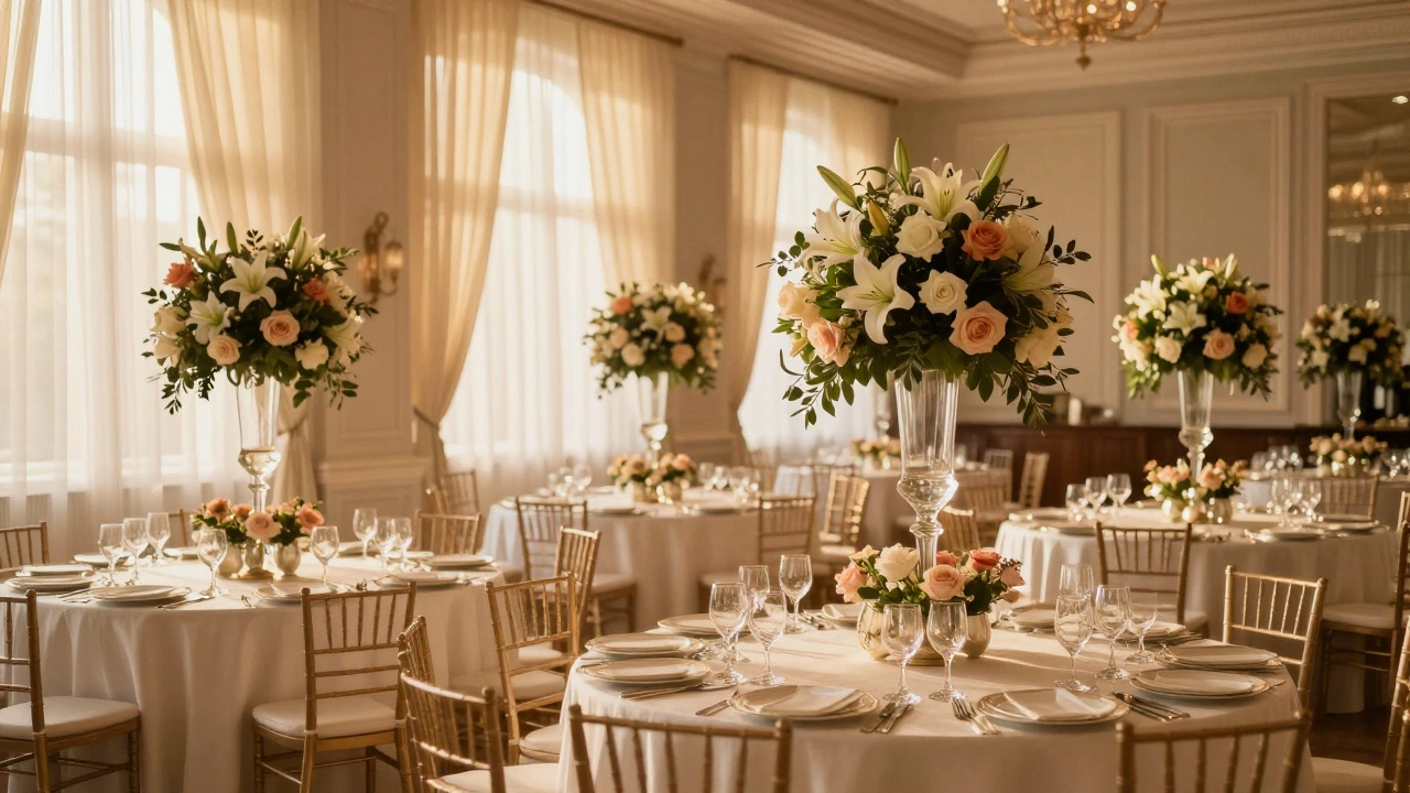 Elegant floral centerpieces in a wedding hall