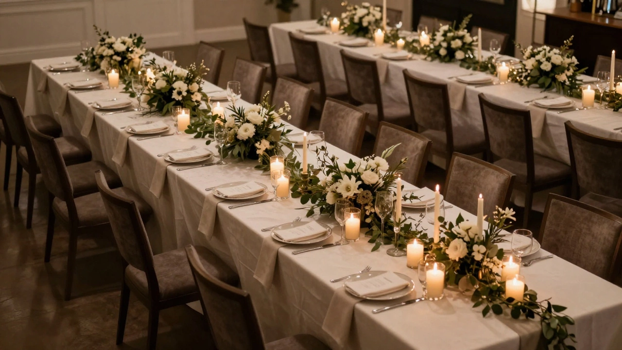 Elegantly decorated wedding tables with candles and faux flowers