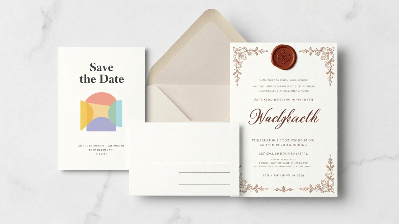 Flat lay comparing minimalist save-the-date cards with formal wedding invitation suites