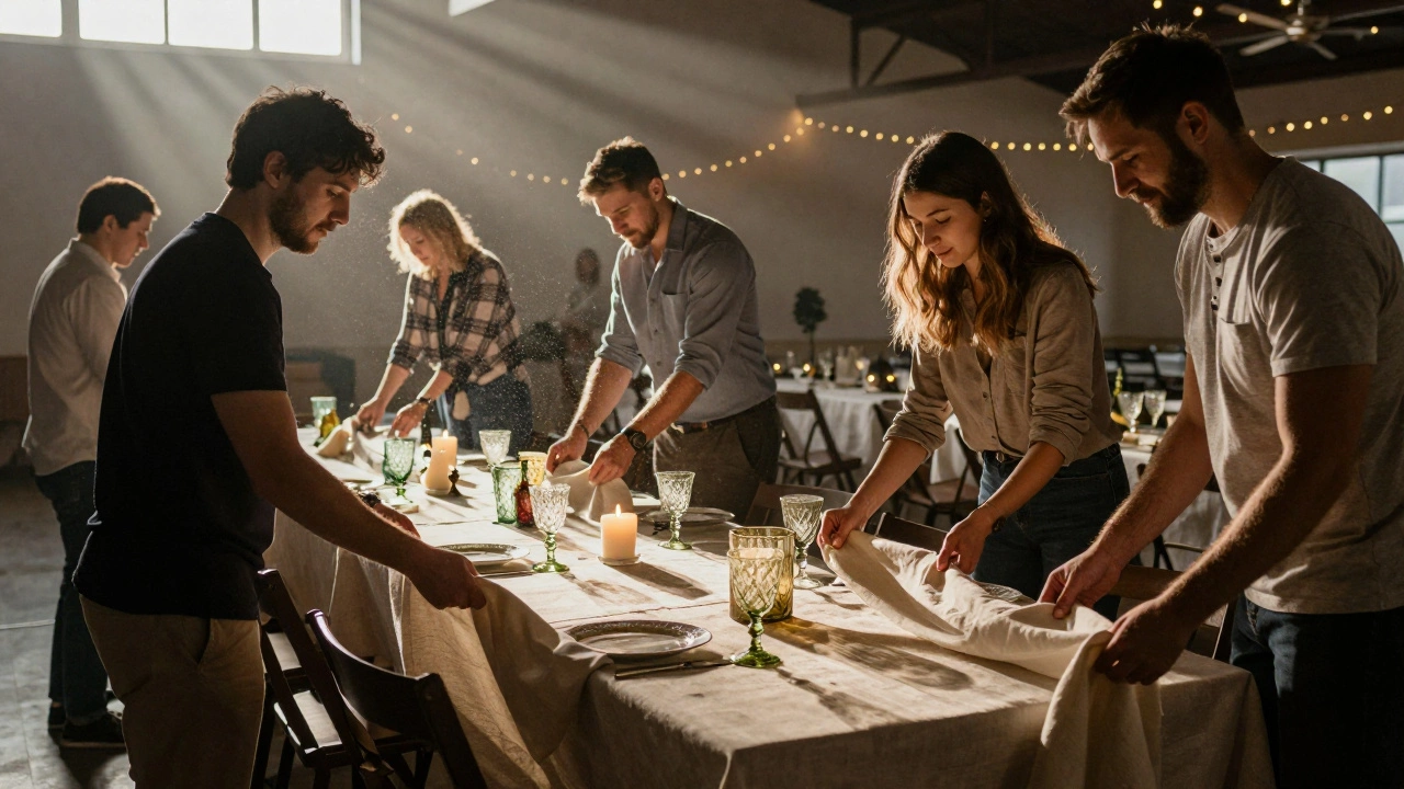 Friends helping set up tables and candles in a wedding venue