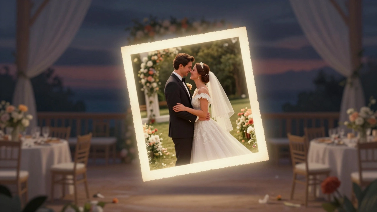 Glowing wedding photo floating above a fading, empty reception hall.