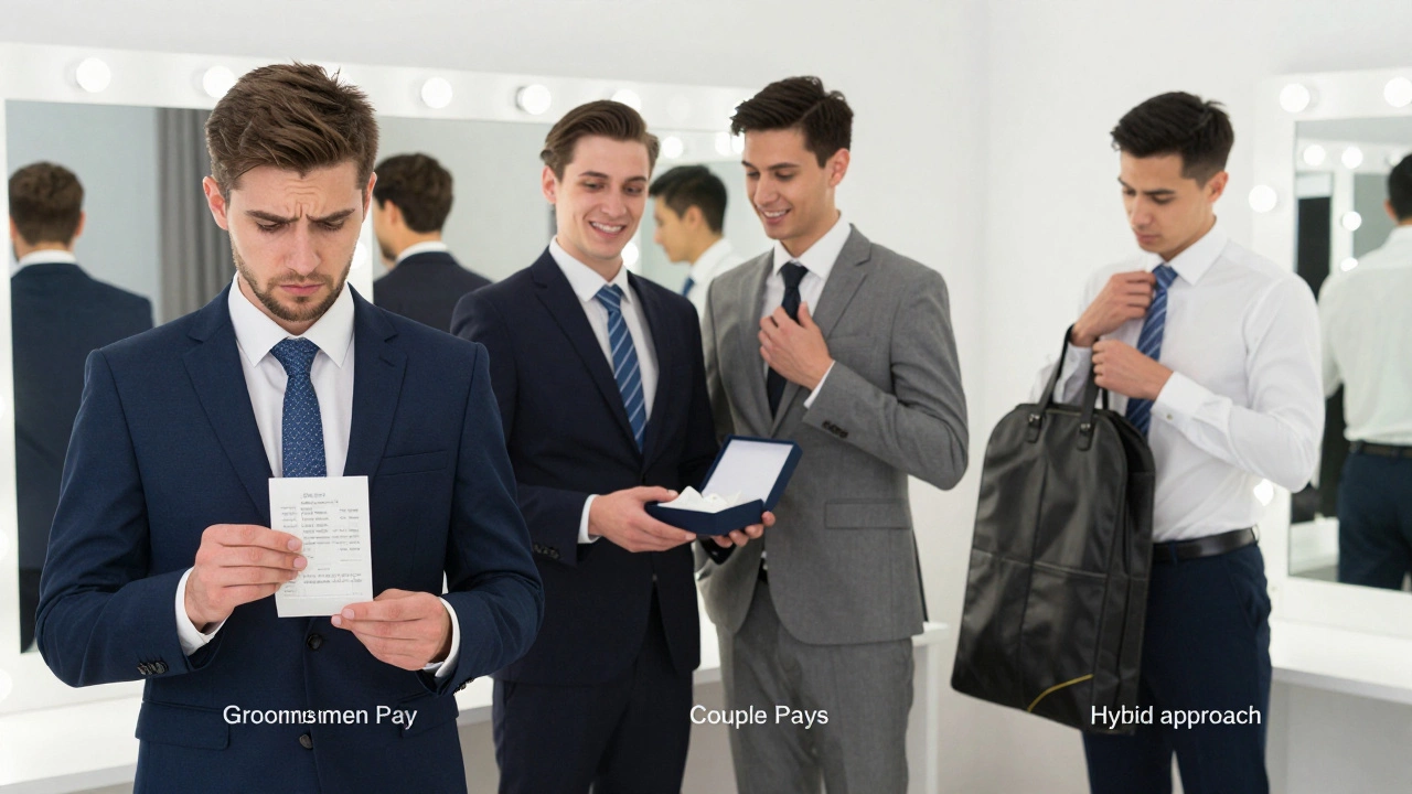 Groomsmen illustrating different wedding suit payment models in a fitting room