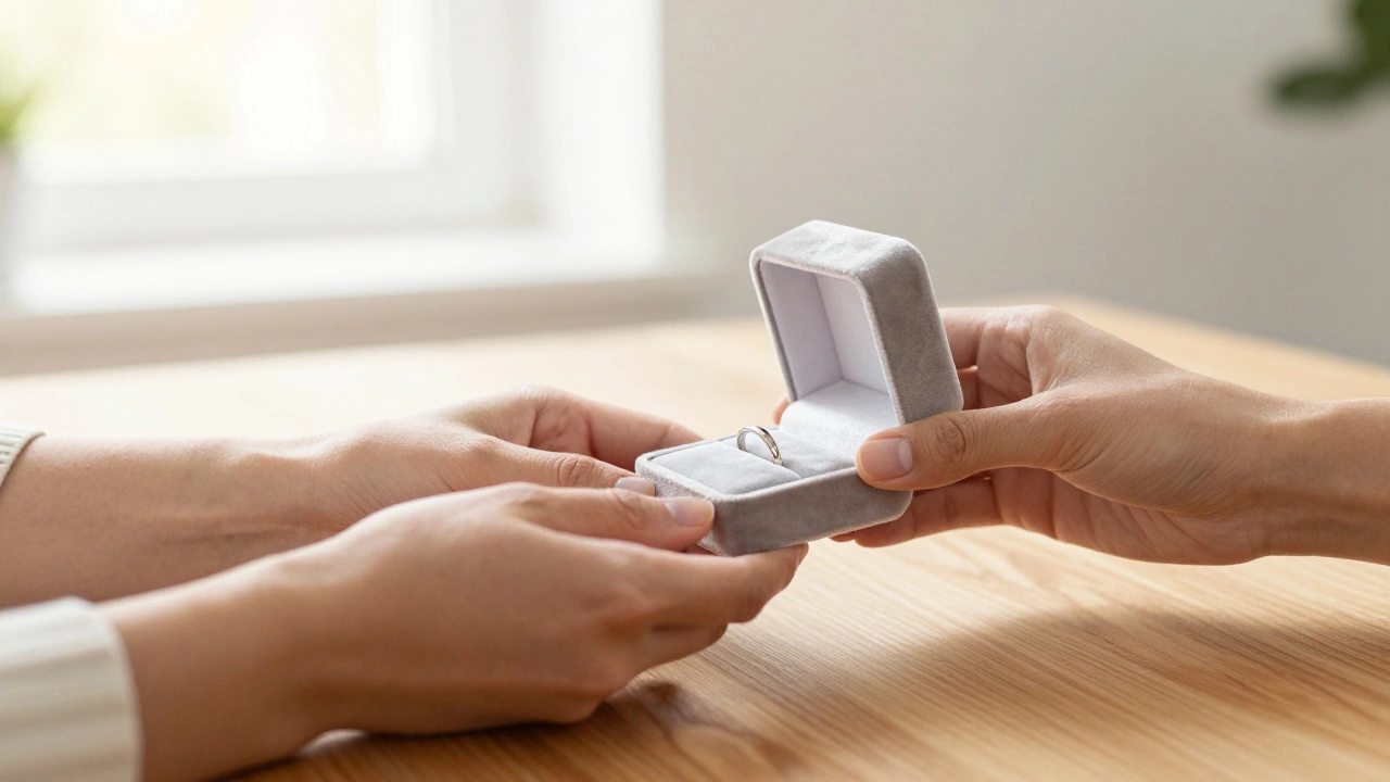 Hands placing a jewelry box on a table in warm sunlight