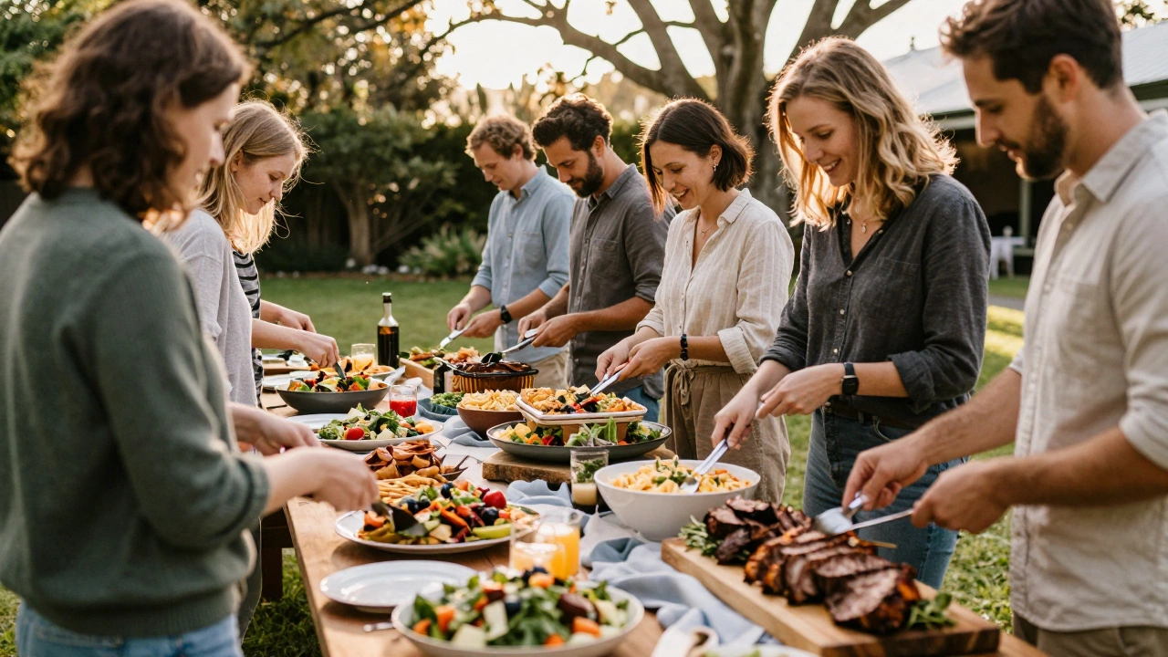 Happy guests enjoying a relaxed outdoor buffet with roasted meats and salads at a wedding.