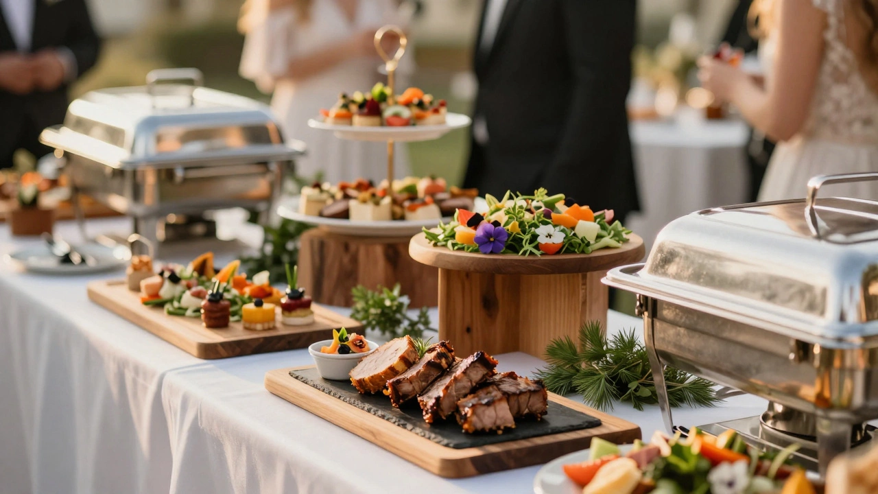 Luxurious and elegantly styled wedding buffet with gourmet dishes.