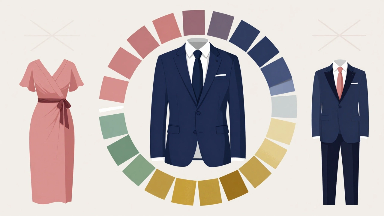 Navy suit coordinated with complementary dress colors
