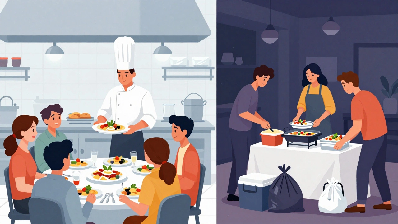 Split illustration contrasting organized professional catering with chaotic DIY food service.