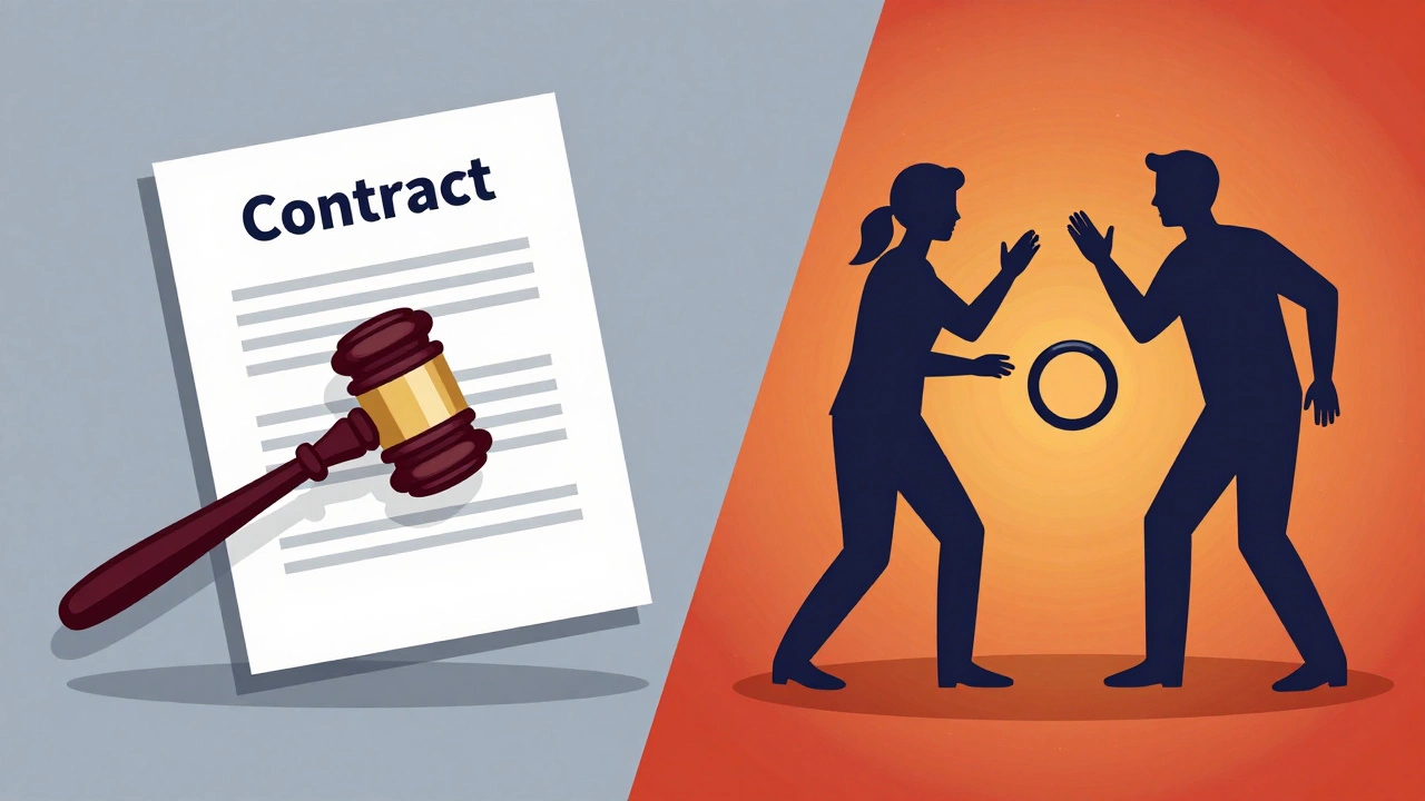 Split illustration of legal gavel and arguing couple over a ring