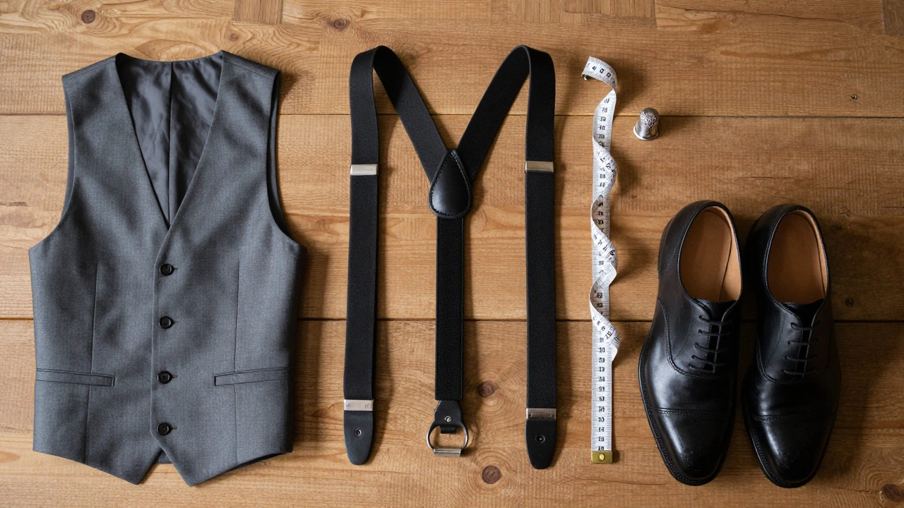 Suspenders, oxford shoes, and tailoring tools on wooden table
