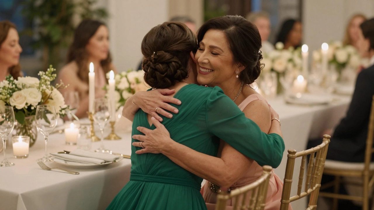 Two mothers hugging warmly at wedding reception