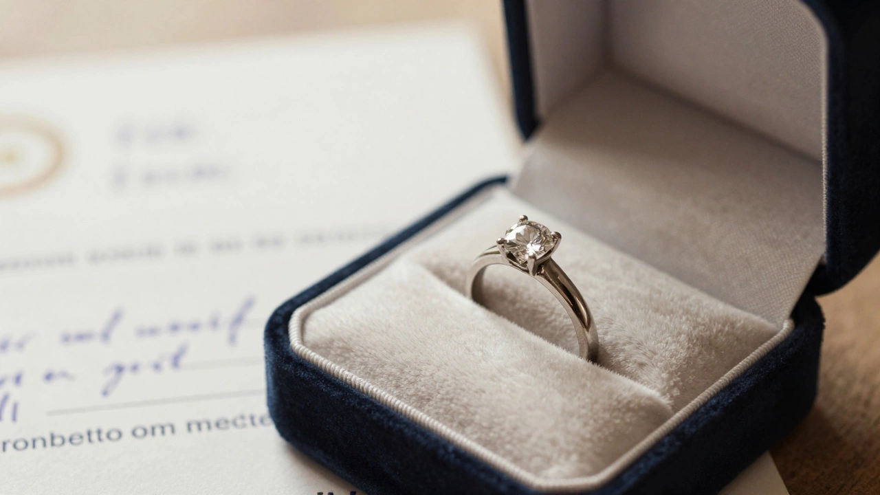 Vintage engagement ring in a box with a note, symbolizing gift conditions.