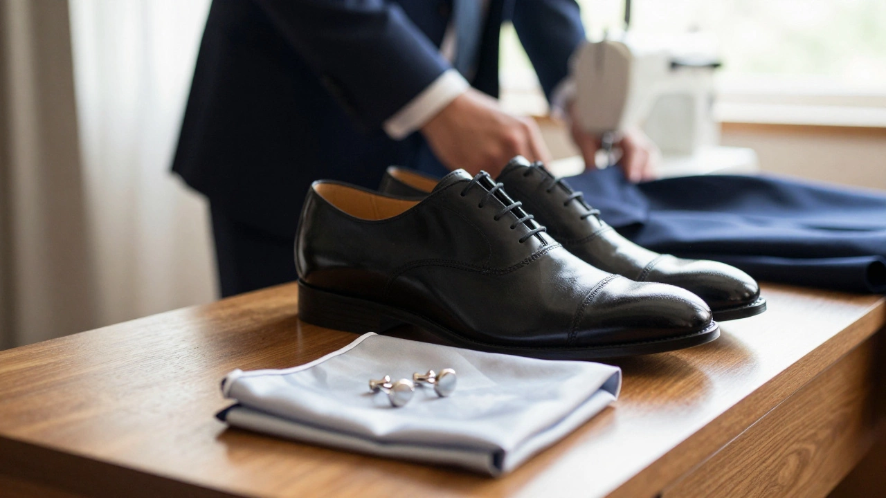 Wedding shoes and accessories ready on a dressing table
