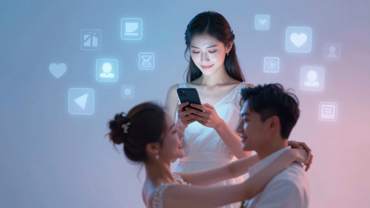 Woman holding phone respectfully at a wedding