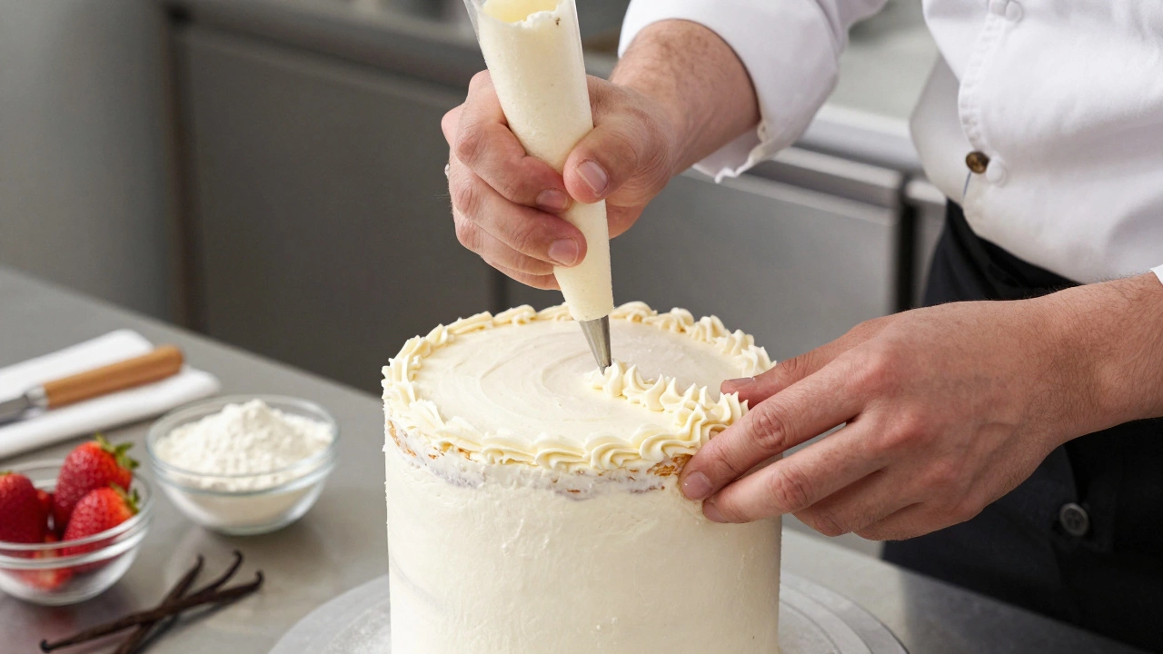 Baker decorating a semi-naked wedding cake tier