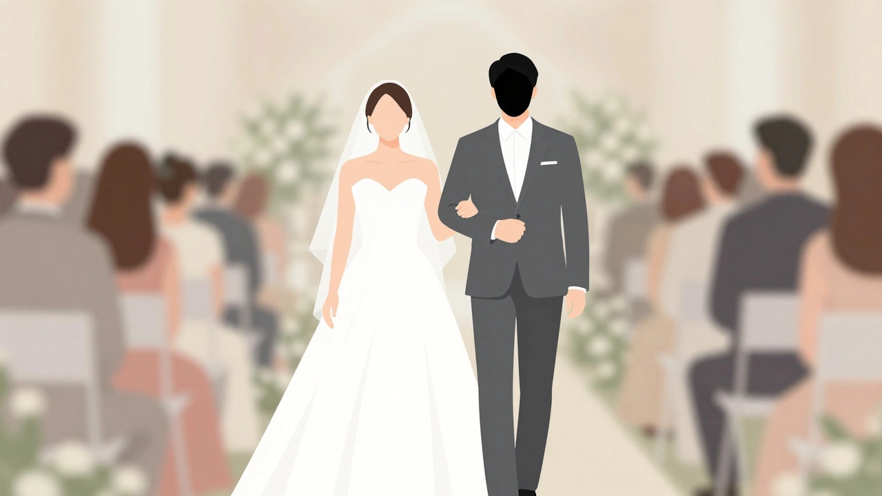 Bride in white and groom in grey suit walking down aisle