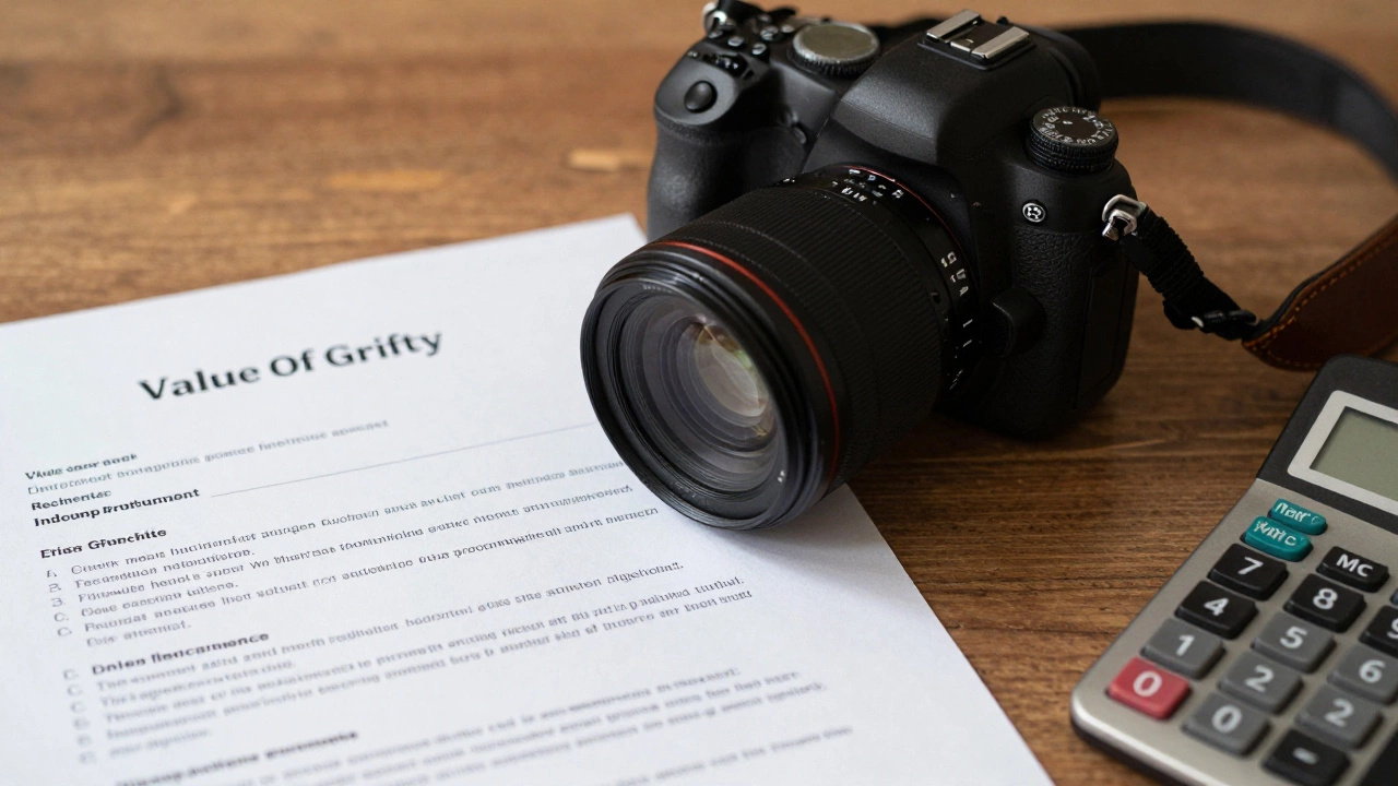Camera gear, contract, and calculator on a table