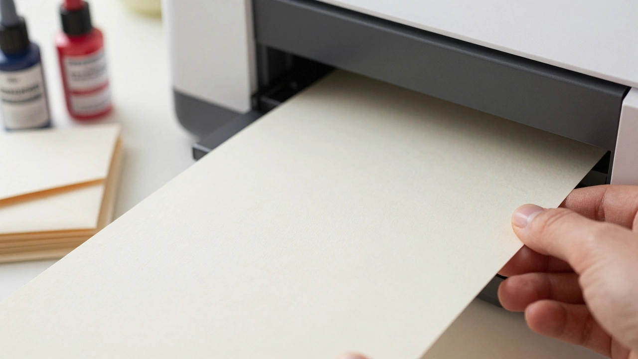 Close up of hand loading thick cardstock into a home printer for DIY wedding invitations