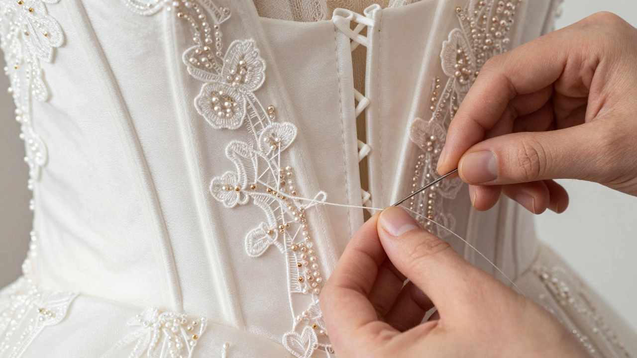Close-up of hand-sewn beading and lace on wedding gown