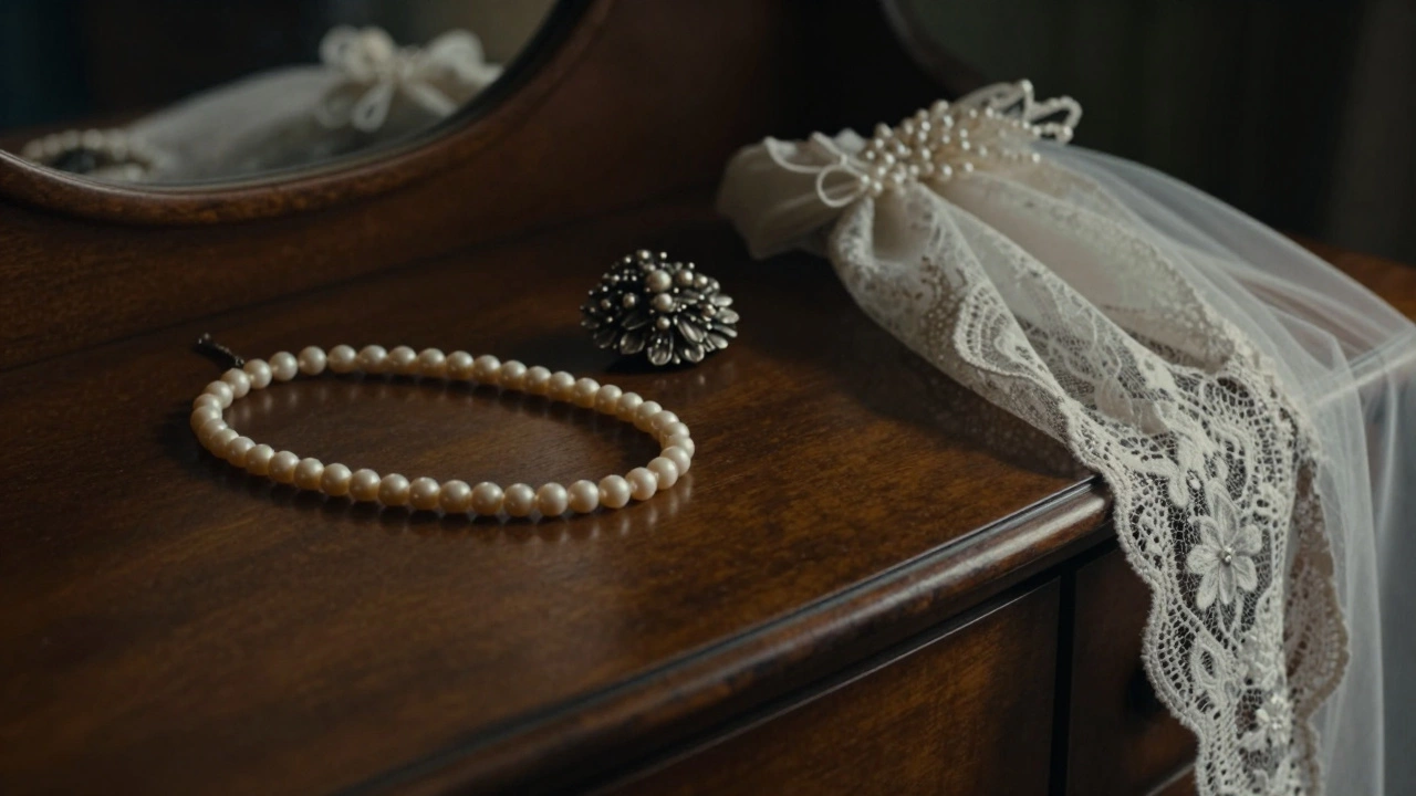 Close-up of pearl jewelry and lace veil, symbolizing sentimental wedding heirlooms.