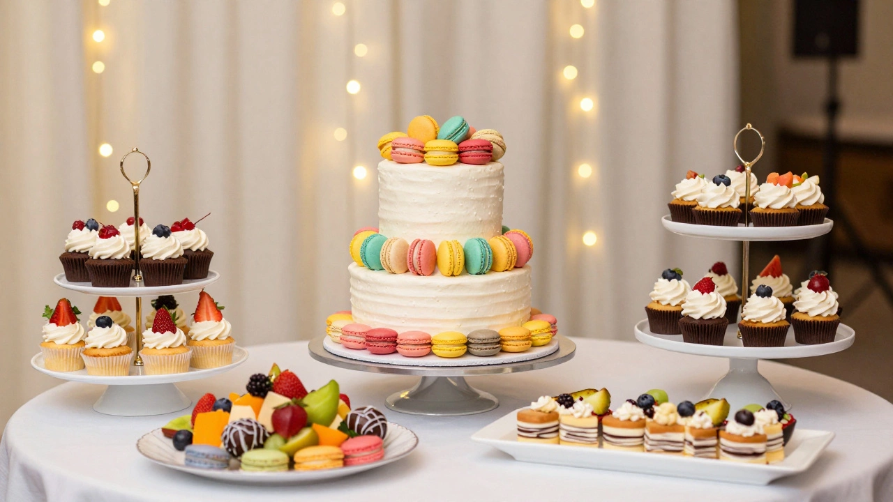 Colorful dessert table with cake, macarons, and cupcakes