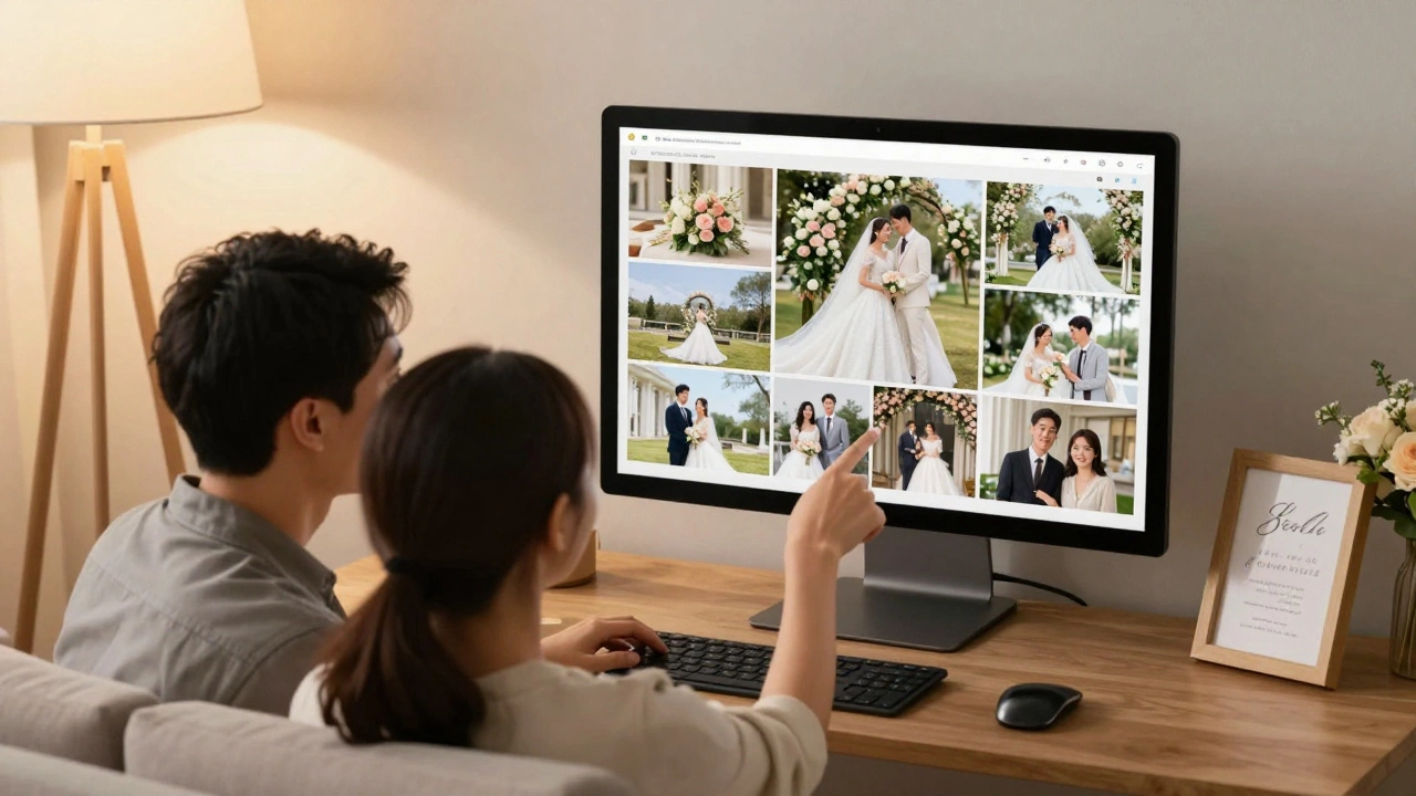 Couple happily reviewing their curated wedding photo gallery on a computer