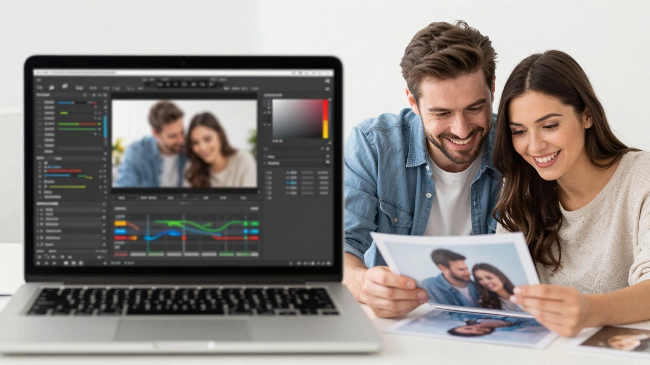 Couple reviewing photos with editor at desk