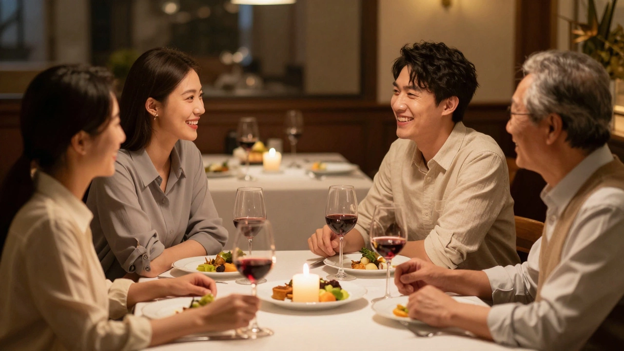 Couple sharing a candlelit dinner with parents, showing gratitude through experience.