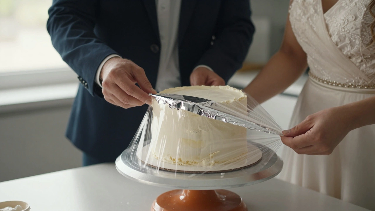 Couple wrapping wedding cake top tier in foil for long-term freezer storage