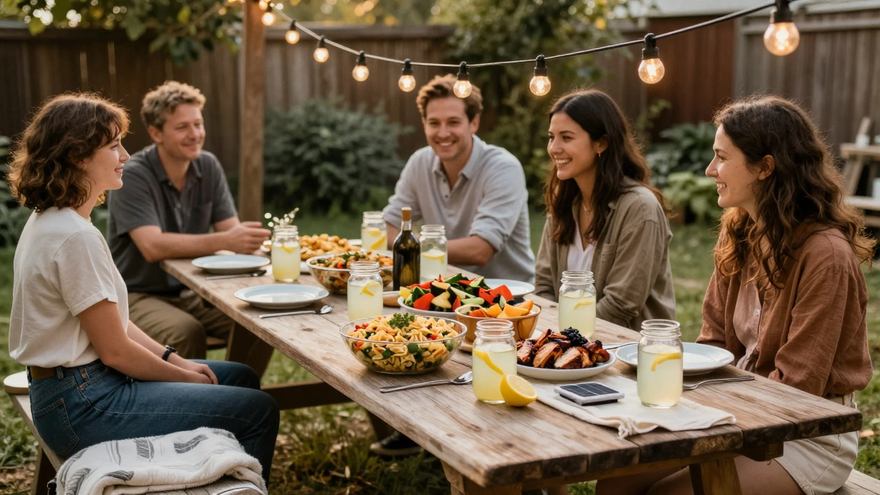 DIY backyard wedding reception with homemade food and string lights