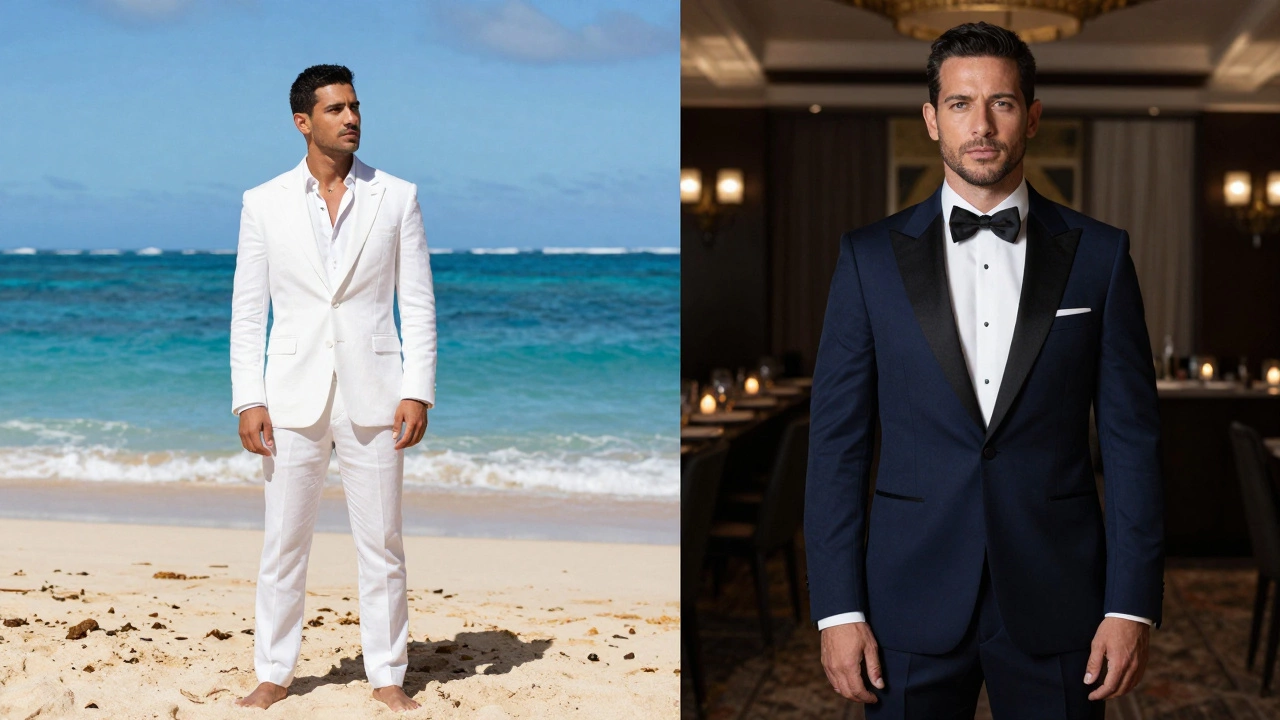 Groom in white linen suit on beach vs dark tuxedo at night