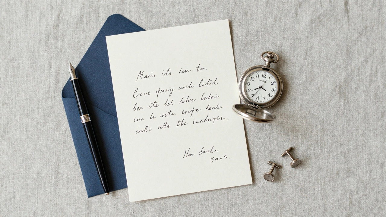 Handwritten letter, watch, and cufflinks flat lay