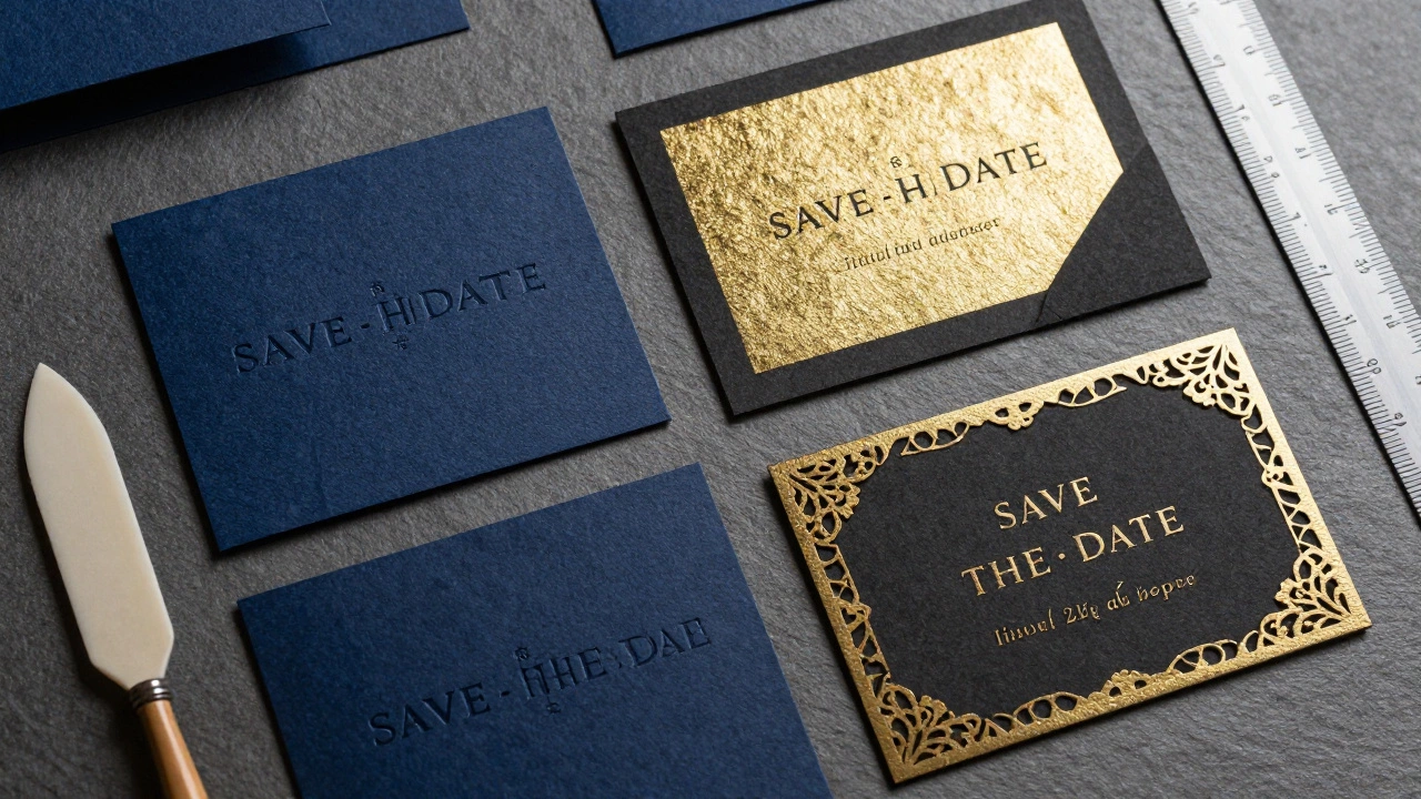 Luxury save the date cards with gold foil and embossing arranged on a dark slate surface