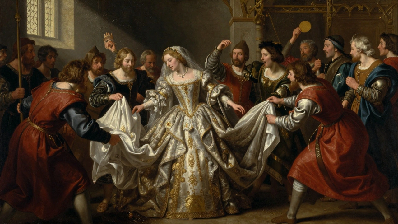 Medieval painting of guests tearing bride's dress for good luck charms
