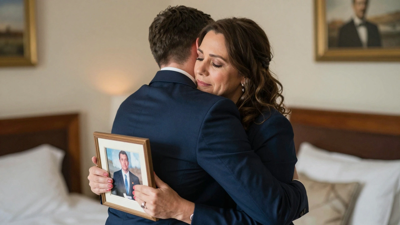 Mother hugging groom in suit before wedding
