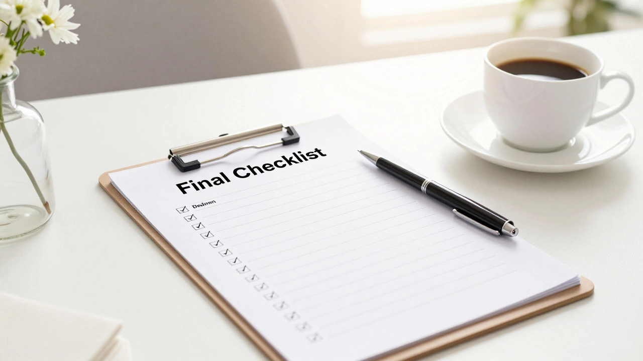Organized wedding planning checklist on a desk with coffee and flowers