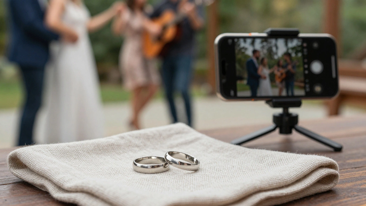 Simple wedding rings and smartphone photography setup for budget wedding