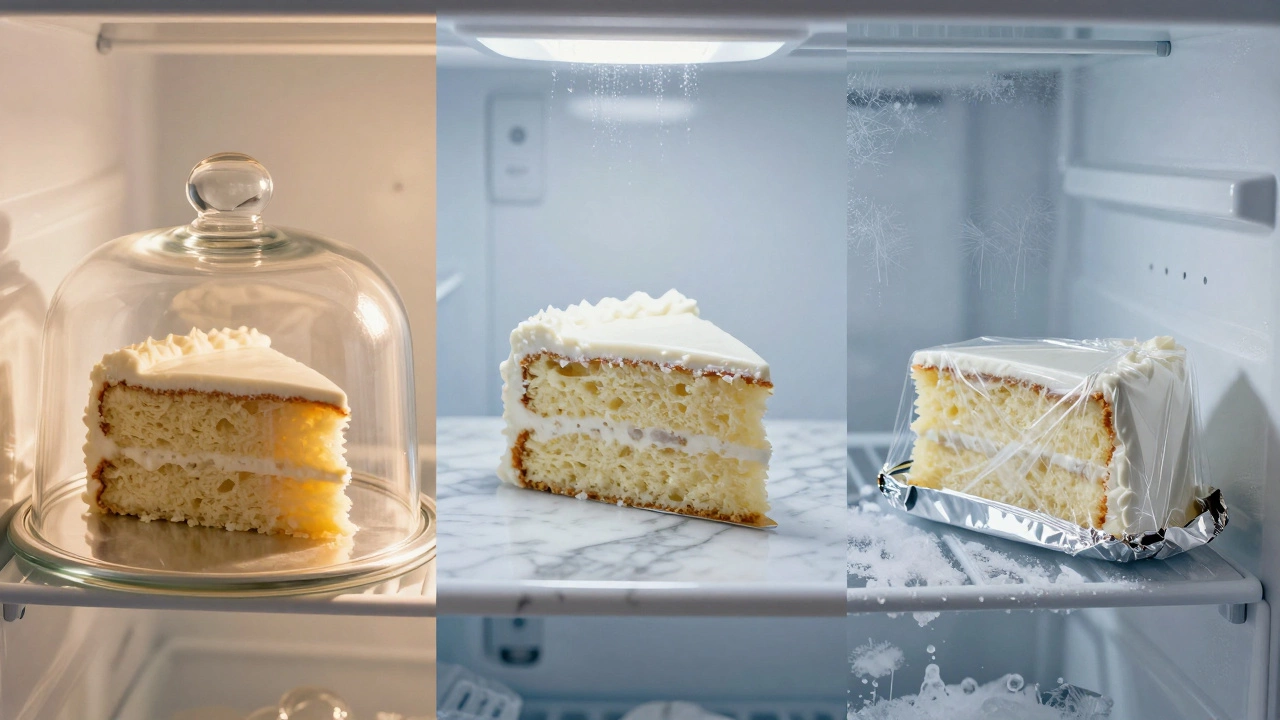 Wedding cake slices displayed in room temp, fridge, and freezer settings