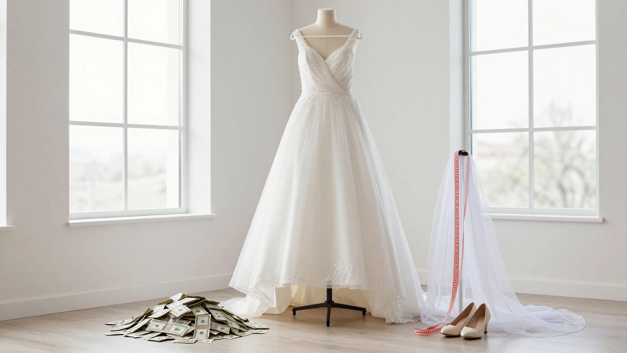 Wedding dress surrounded by accessories and budget items