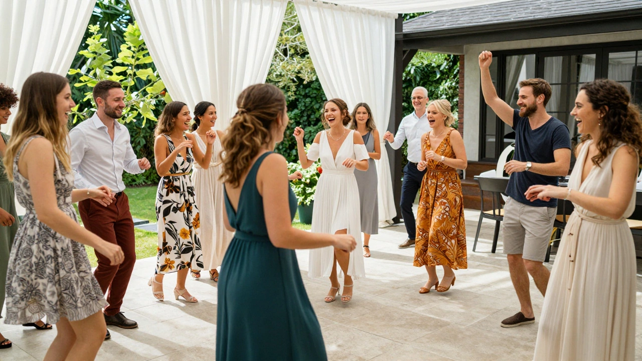 Wedding guests dancing together joyfully as a modern alternative ritual